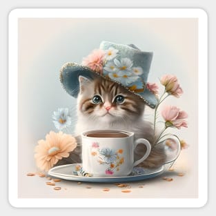 III.Cute cat in a hat with flowers and a cup of tea Sticker